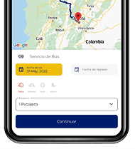 Selección de origen y destino en la app